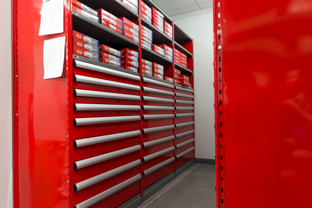 Red and grey drawer storage shelf.