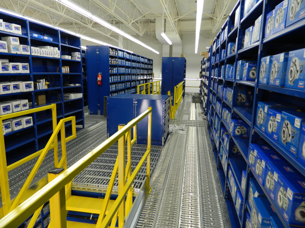 A blue and yellow mezzanine in an auto parts store.