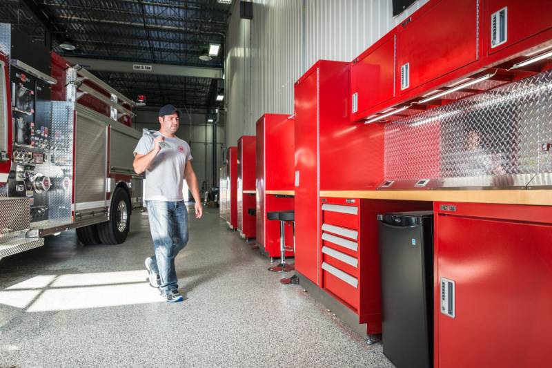 Red industrial workbench in a fire station