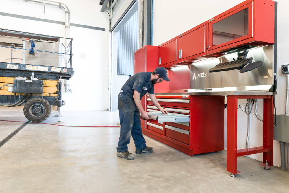 Red industrial workbench in a fire station