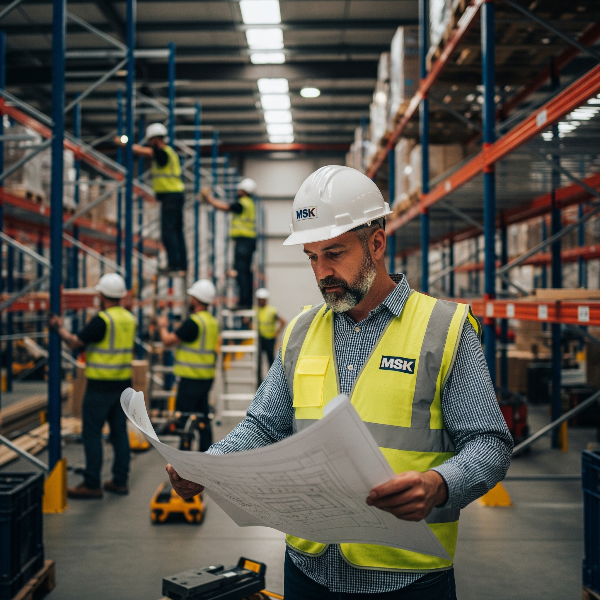 A project manager from MSK Canada reviewing a blueprint.