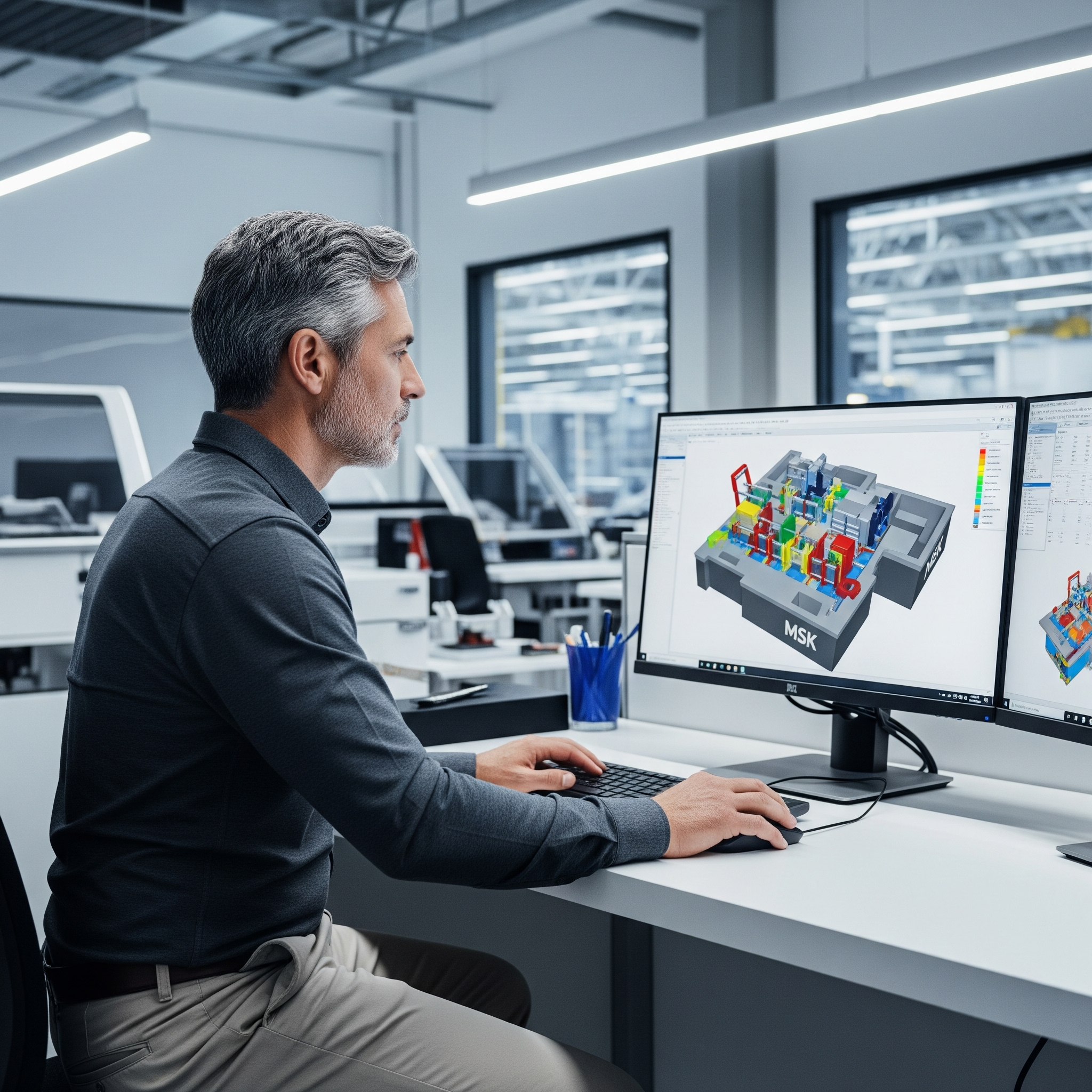 An industrial engineer from MSK Canada working on a plan on his computer.