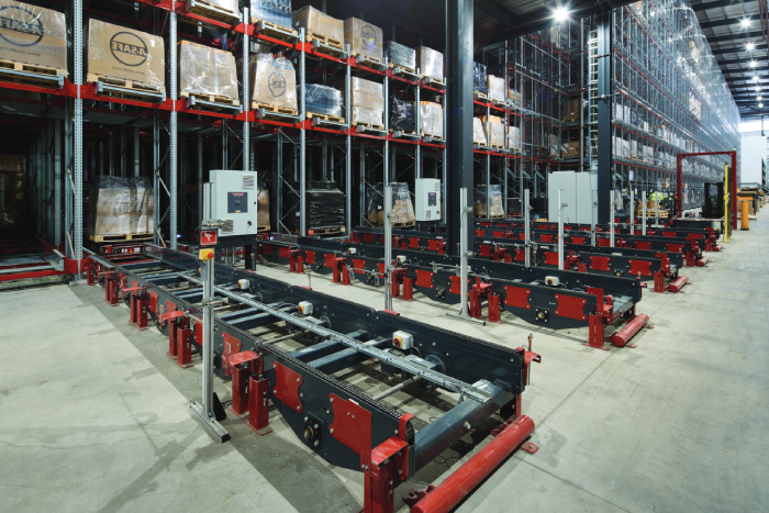 Moffett conveyor in a warehouse.
