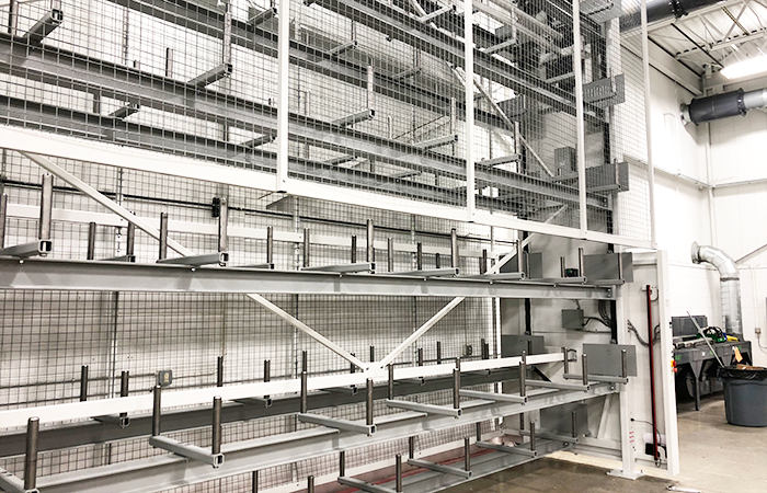 A shelving carrousel in a warehouse.